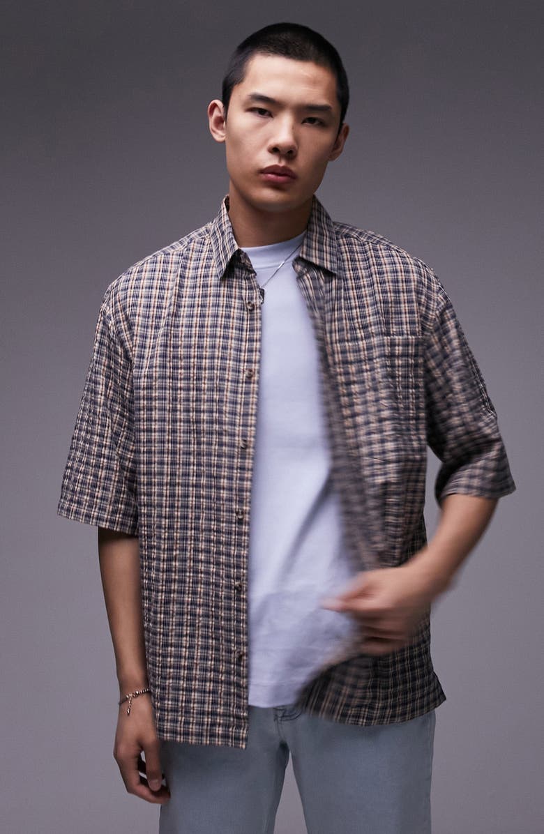 Topman Oversize Plaid Short Sleeve Seersucker Button-Up Shirt, Main, color, 