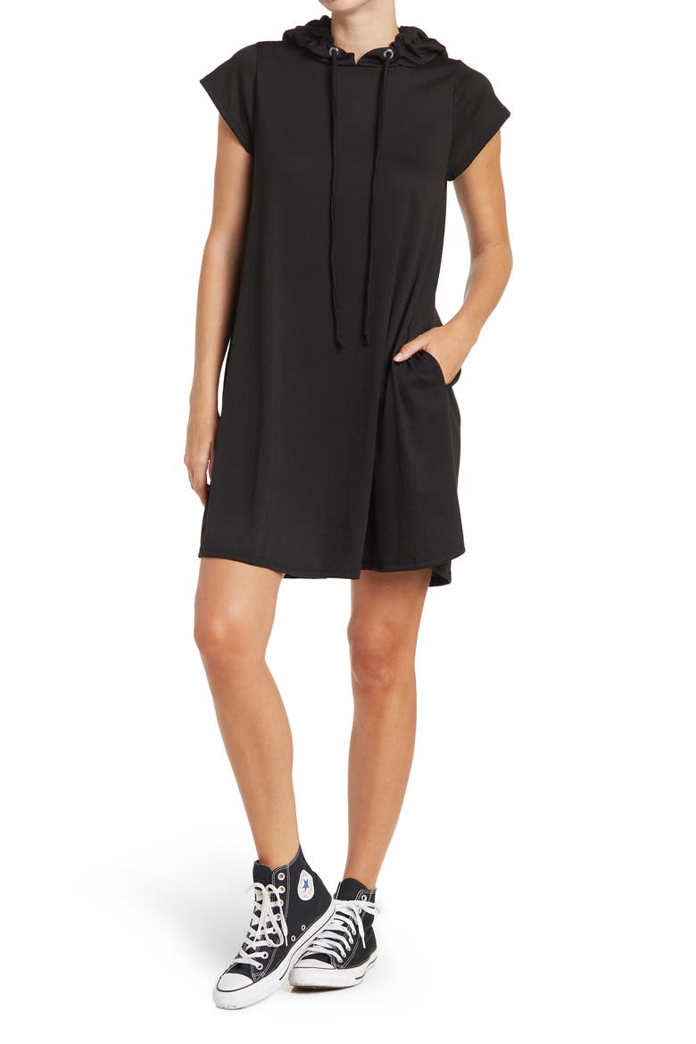 Cap Sleeve Cover-Up Hoodie Dress, Main, color, BLACK
