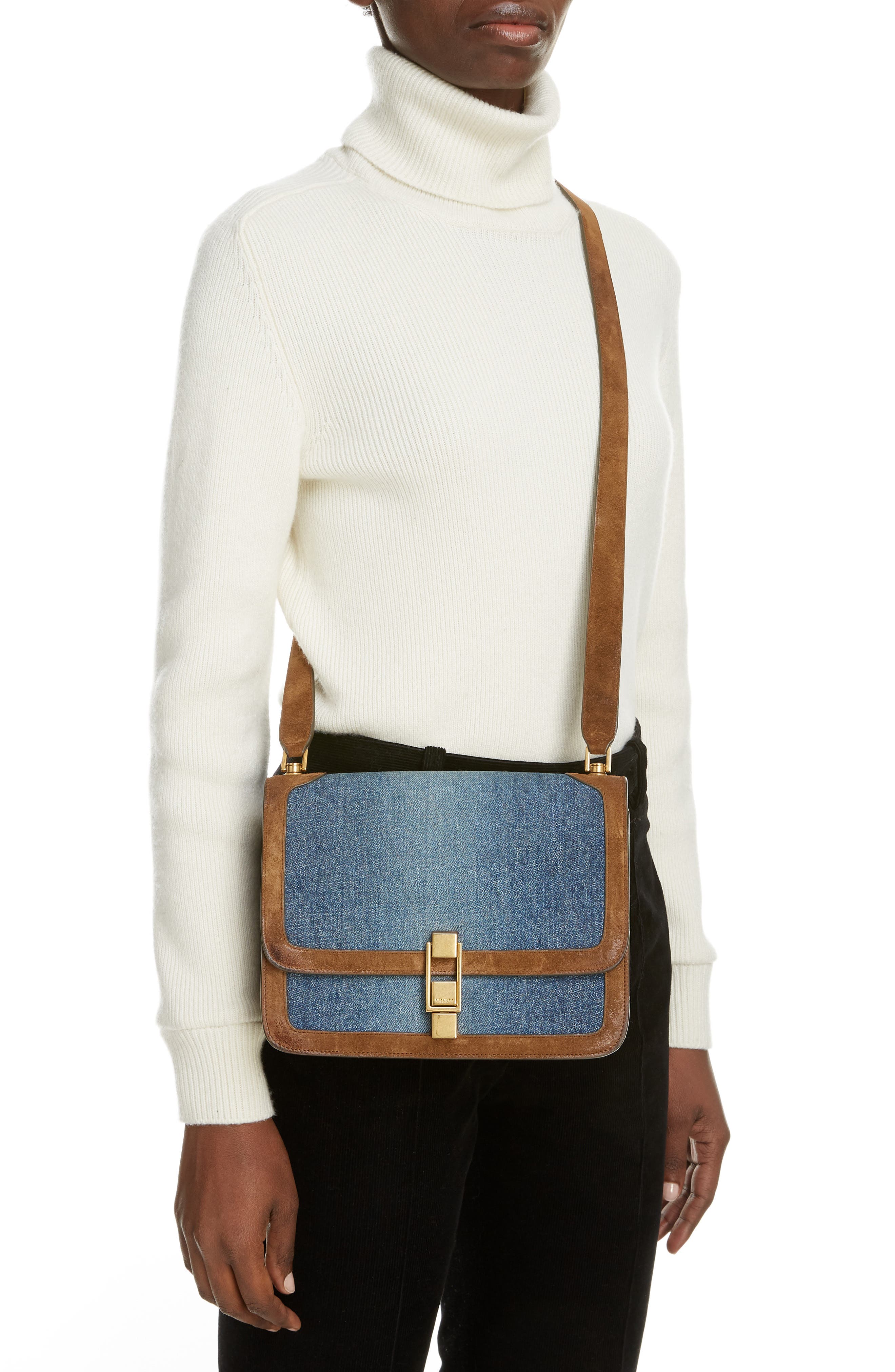 Saint Laurent Carre Denim & Suede Shoulder Bag, Alternate, color, 