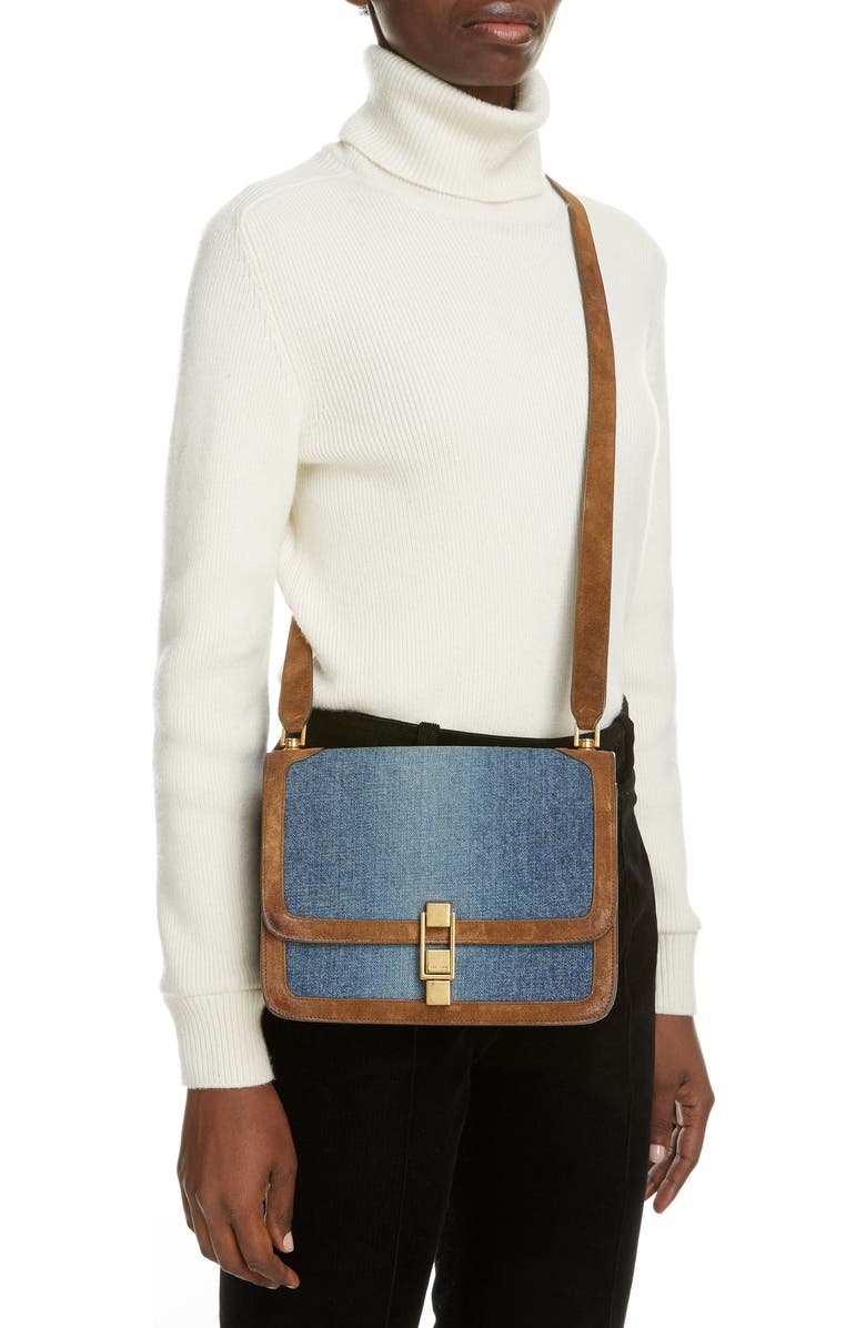 Saint Laurent Carre Denim & Suede Shoulder Bag, Alternate, color,