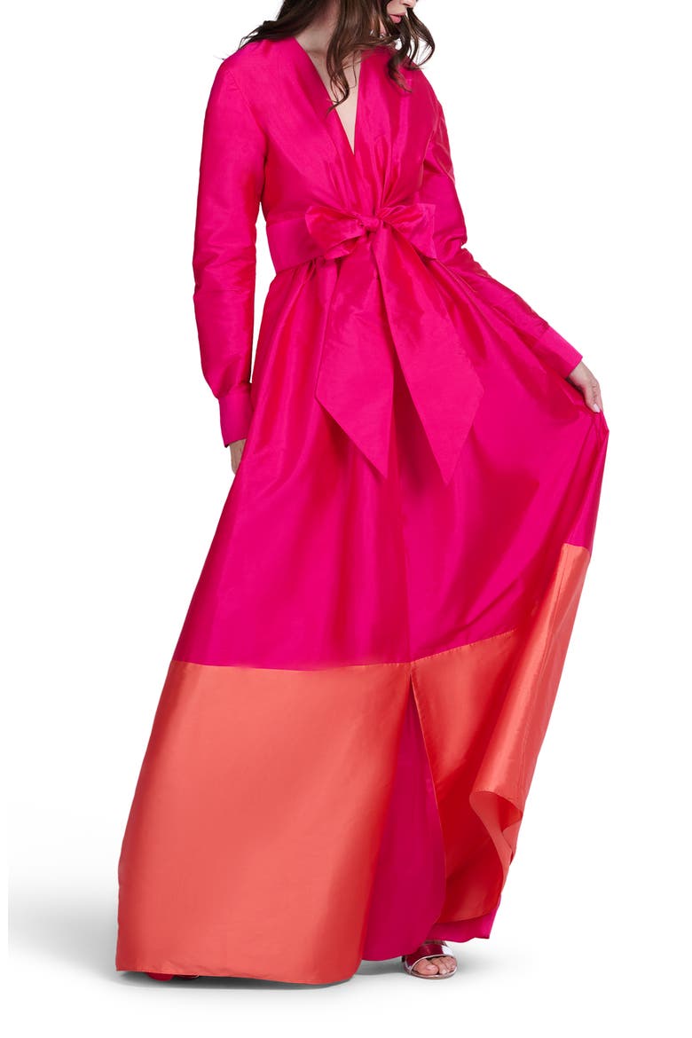Colorblock Long Sleeve Taffeta Gown, Alternate, color, WATERMELON / CORAL
