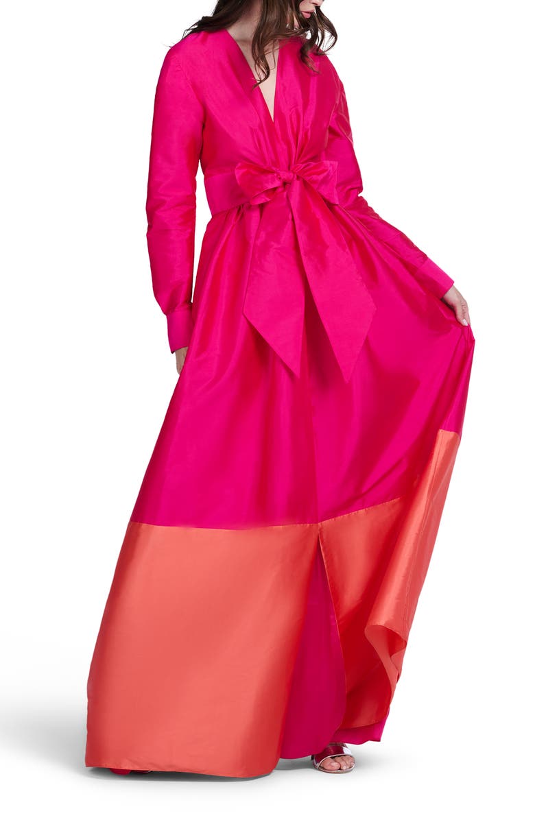 EMILY SHALANT Colorblock Long Sleeve Taffeta Gown, Alternate, color, Watermelon / Coral