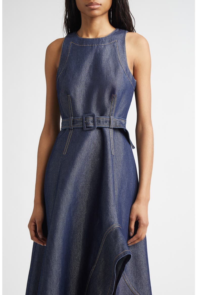 Zelda Sleeveless Belted Cotton Blend Denim Dress, Alternate, color, MINUIT