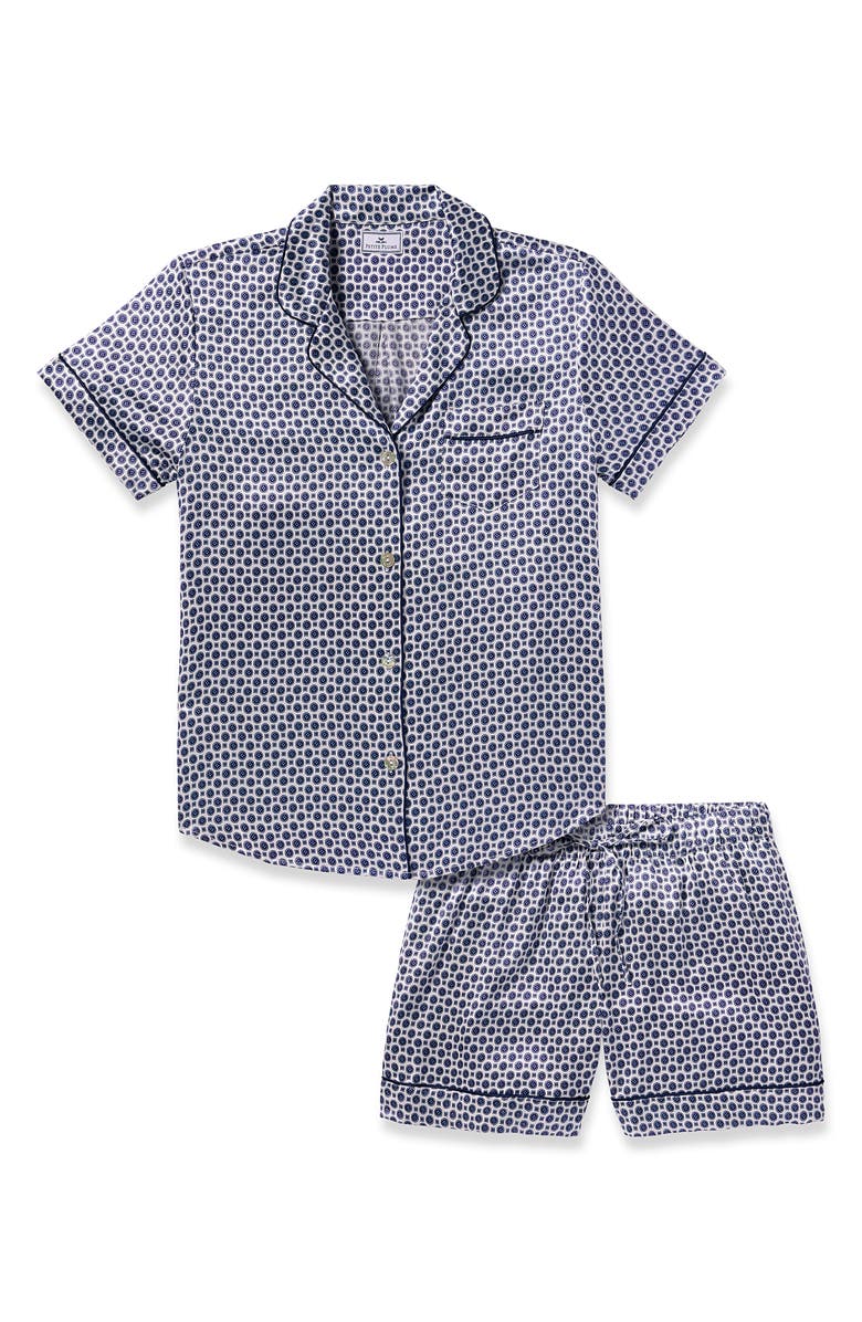Petite Plume Print Silk Short Pajamas, Alternate, color, Navy