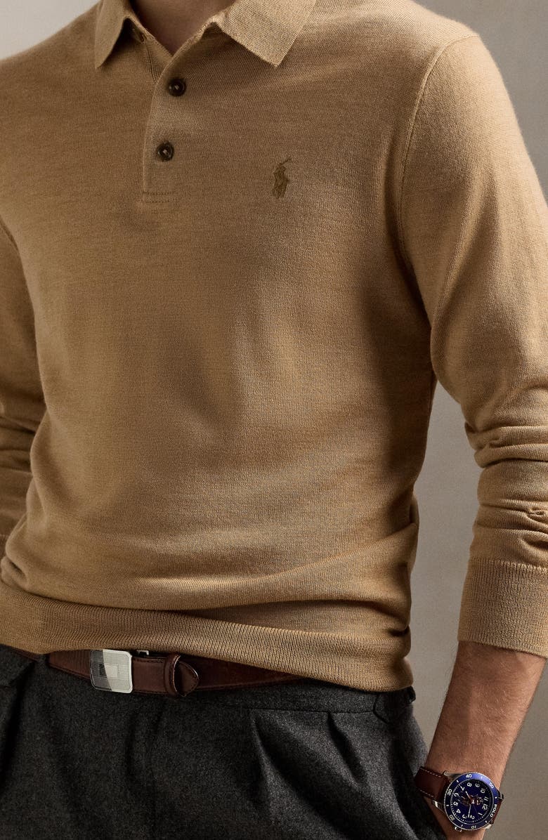 Polo Ralph Lauren Long Sleeve Wool Polo Sweater, Alternate, color, Camel Melange