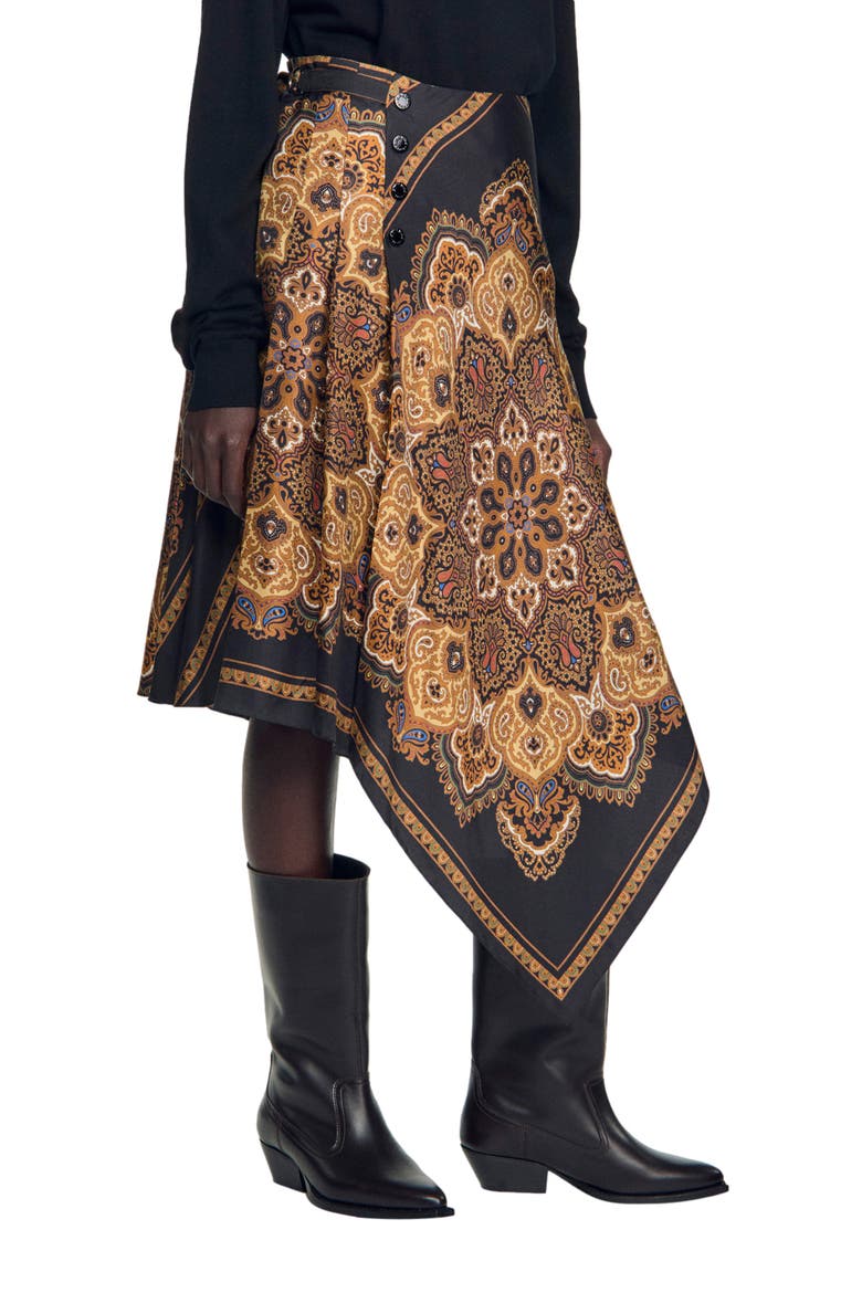Asymmetrical scarf print skirt, Alternate, color, Black / ocher
