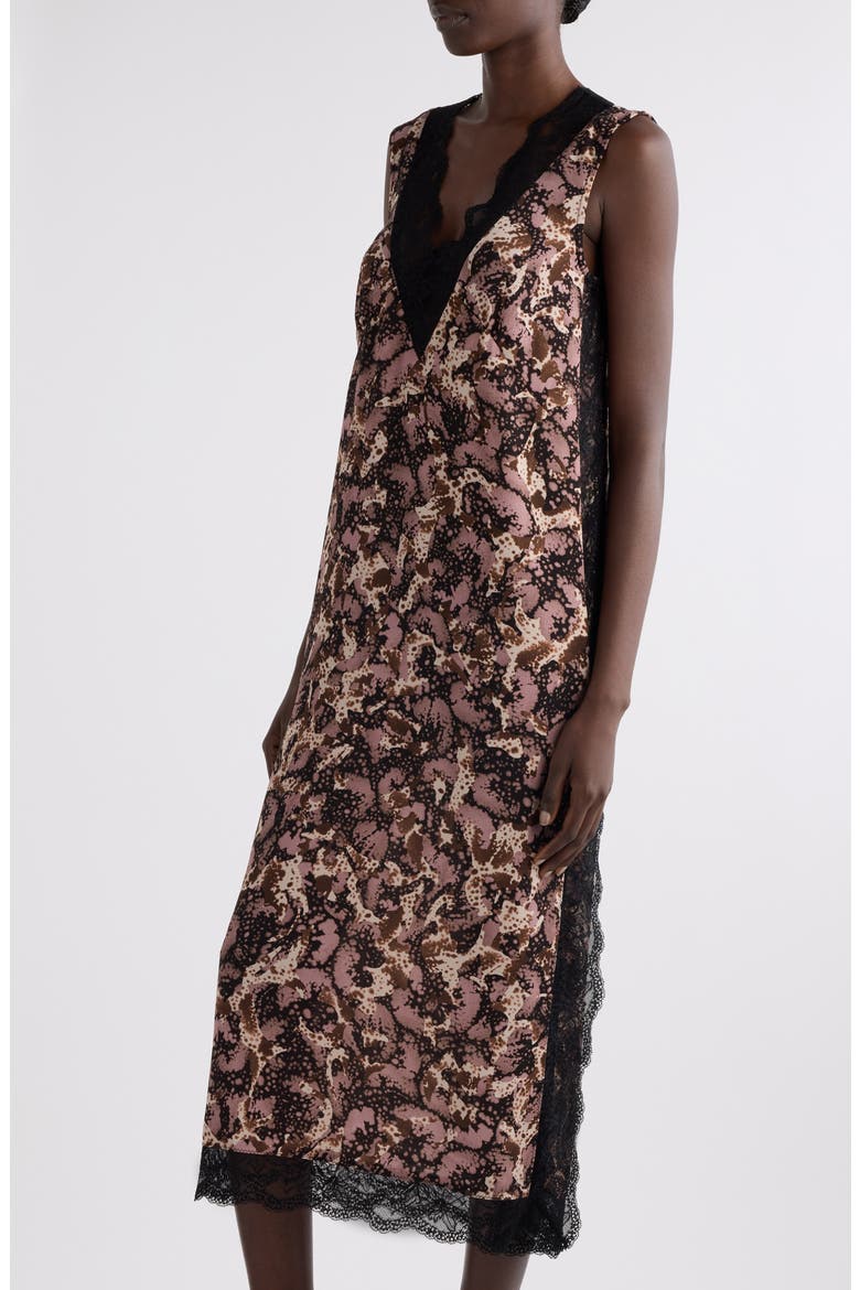 Dista Orchid Petal Print Lace Trim Midi Dress, Alternate, color, DARK BROWN