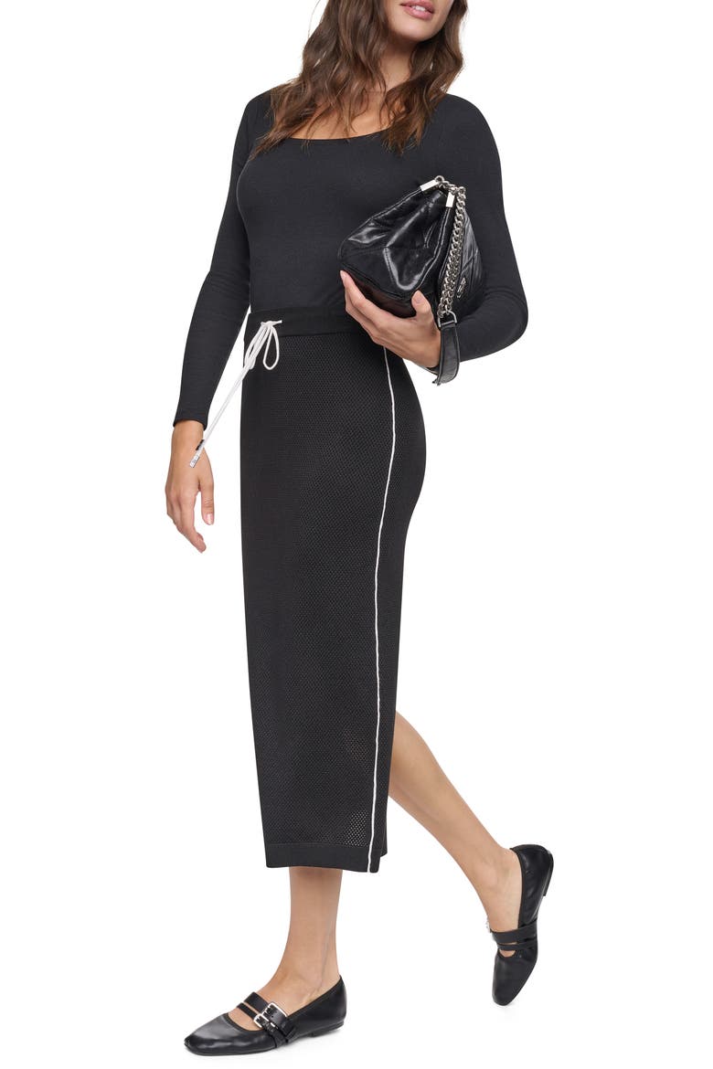 Contrast Trim Pointelle Mesh Midi Sweater Skirt, Alternate, color, BLK/ IVY
