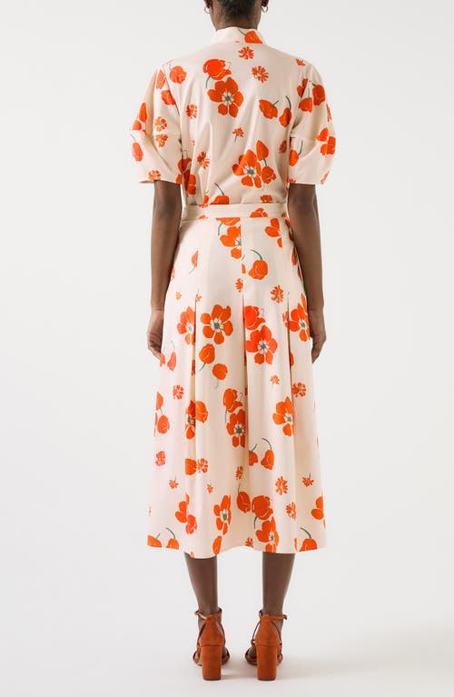 Lk Bennett Flora Floral Pleated Stretch Cotton Sateen Midi Skirt In Orange