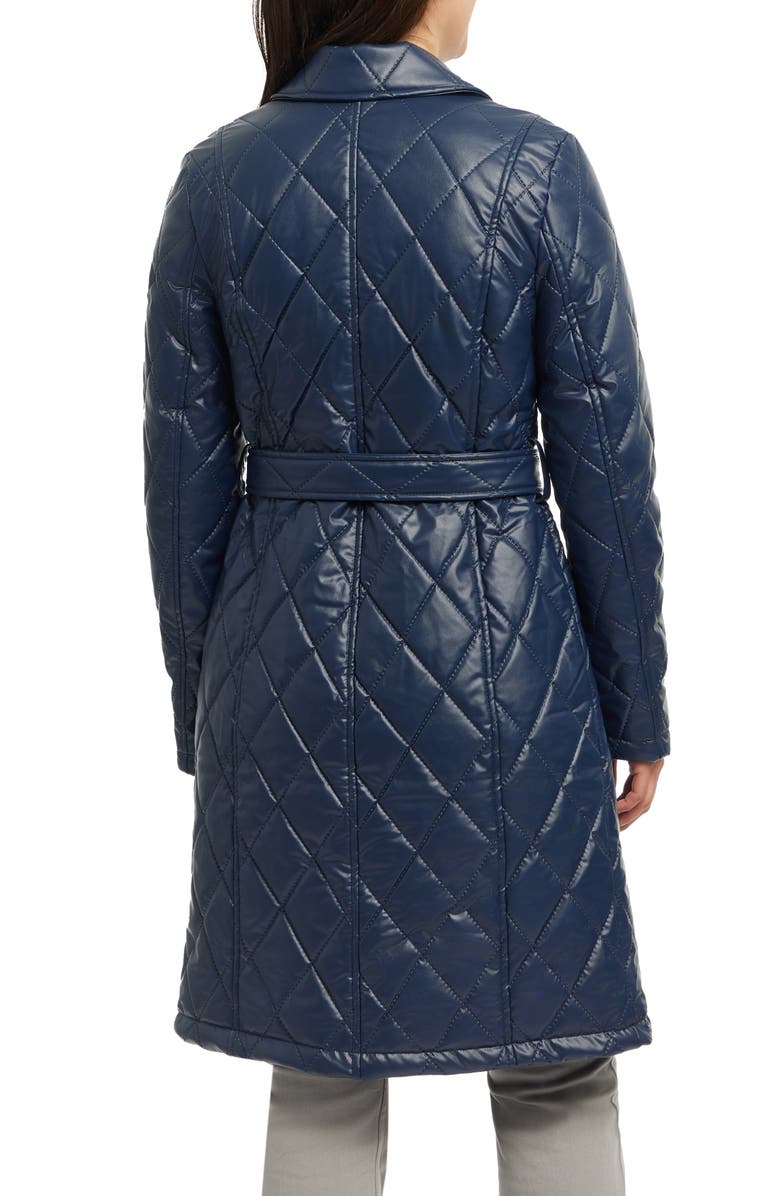 BADGLEY MISCHKA Quilted Faux Leather Trench Coat, Alternate, color, Navy
