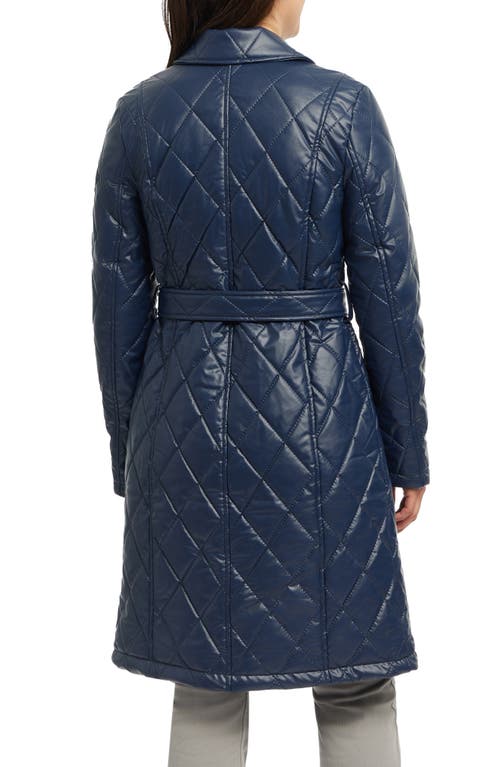 Badgley Mischka Quilted Faux Leather Trench Coat In Blue