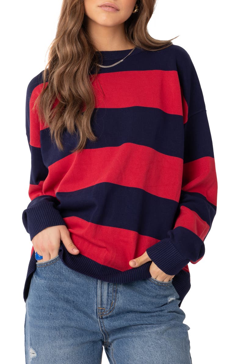 EDIKTED Logan Stripe Oversize Sweater, Main, color, Red