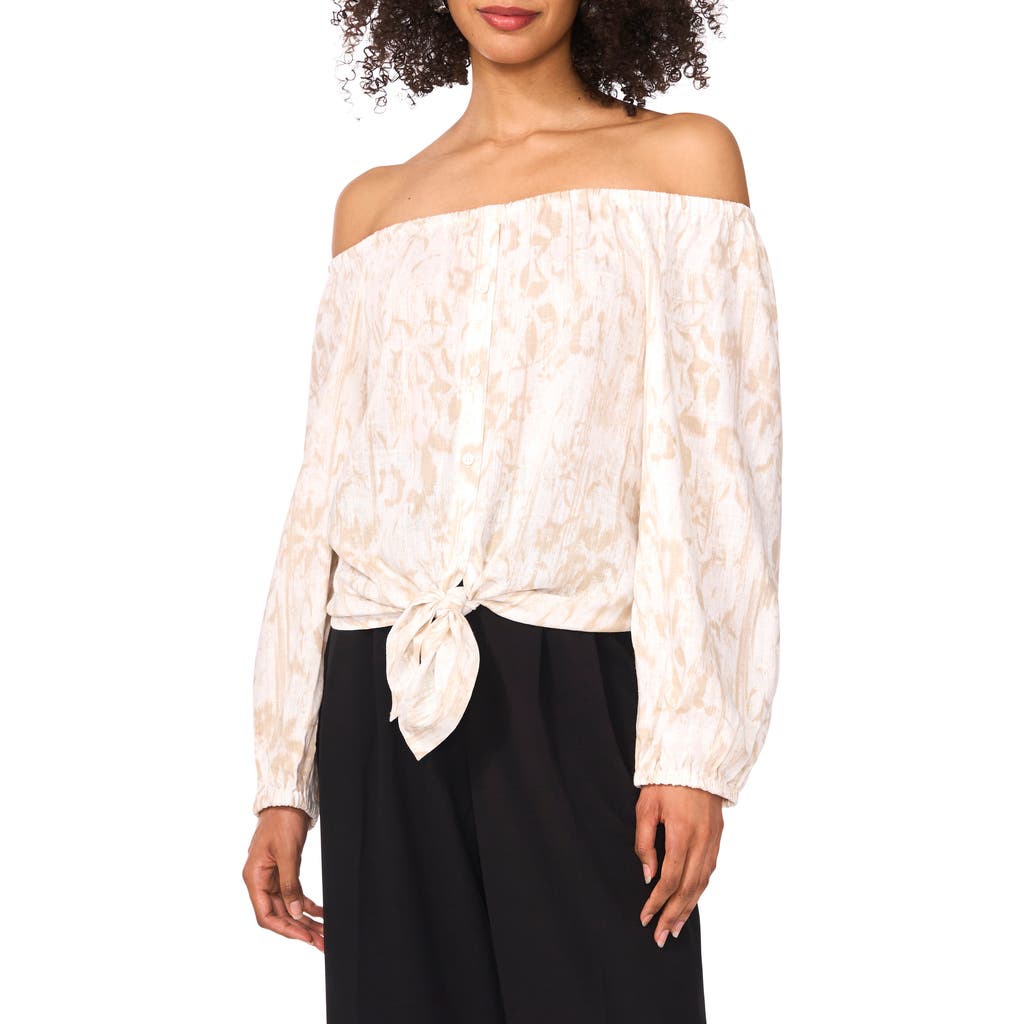 Shop Vince Camuto Print Off The Shoulder Long Sleeve Top In Oyster Grey