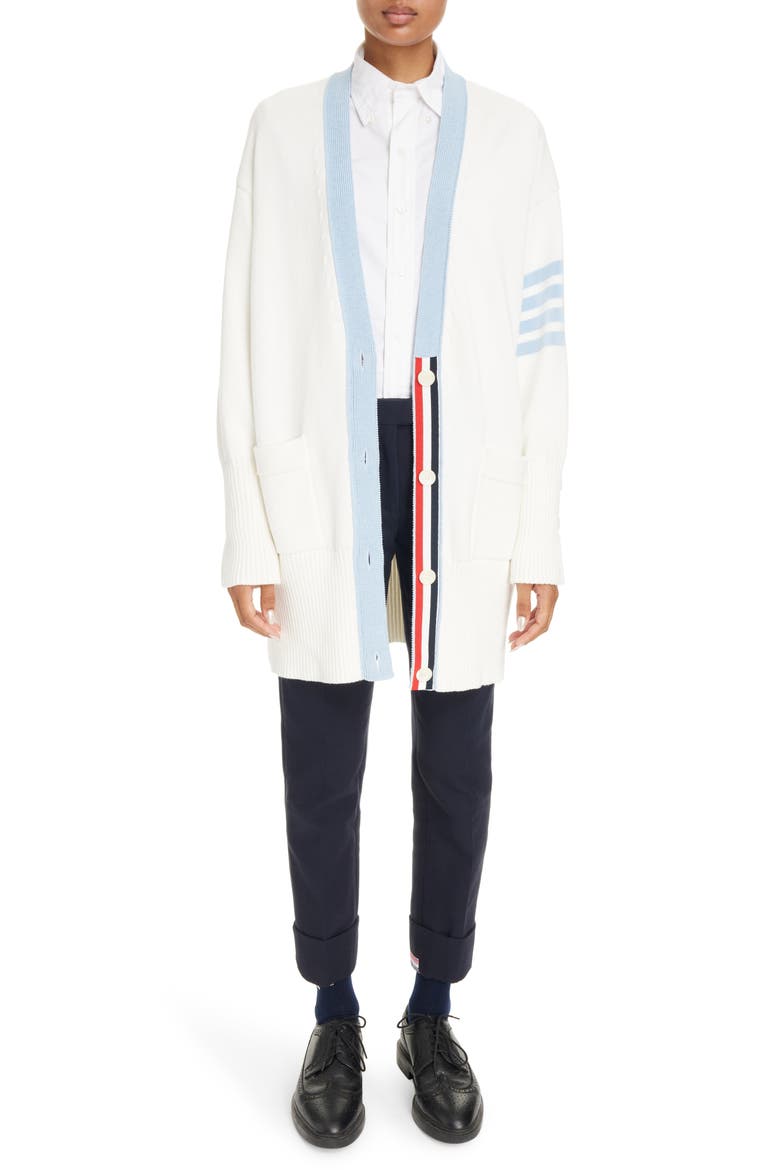 4-Bar Oversize Cotton V-Neck Cardigan, Alternate, color, WHITE