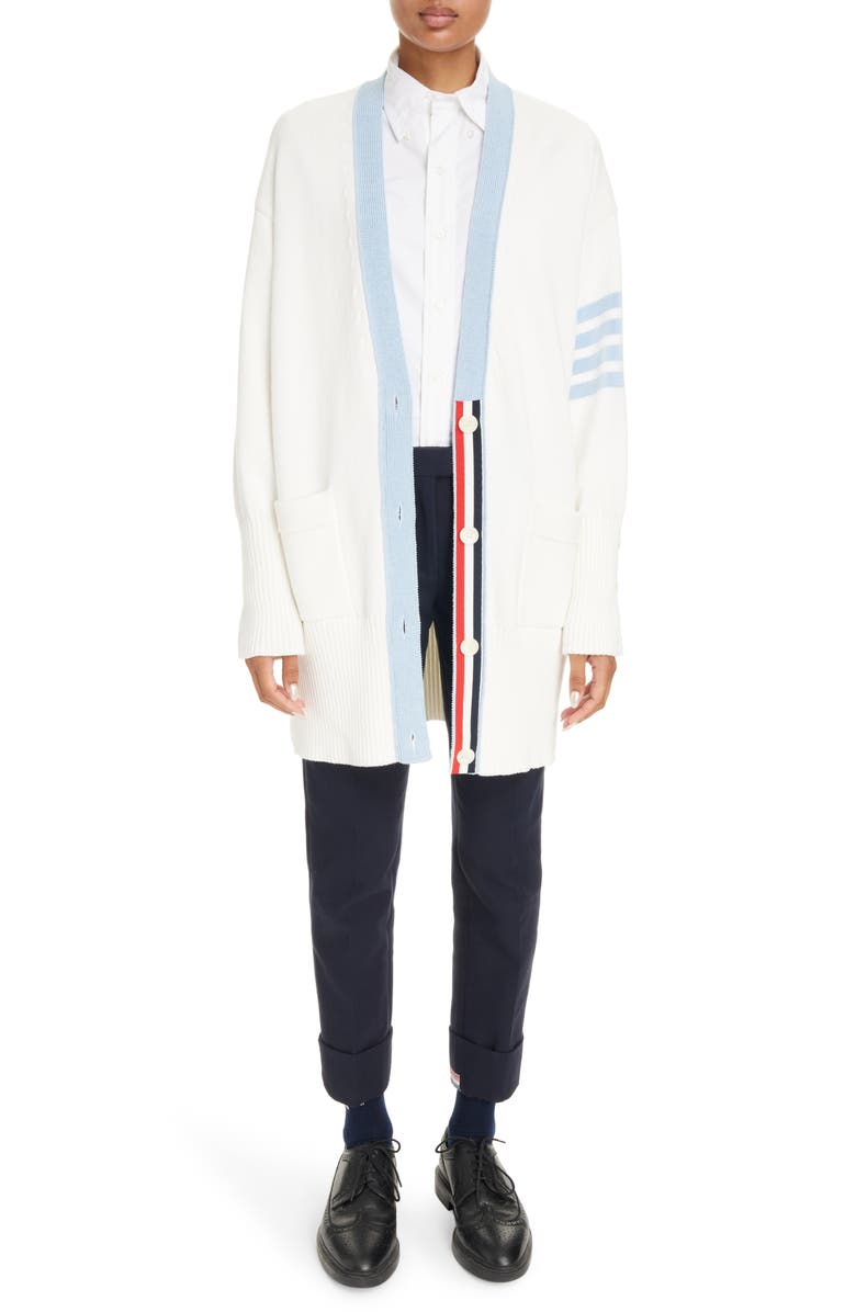 Thom Browne 4-Bar Oversize Cotton V-Neck Cardigan, Alternate, color, 