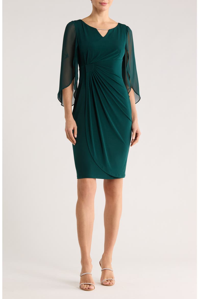 Mixed Media Cape Sleeve Mock Wrap Cocktail Dress, Main, color, HUNTER