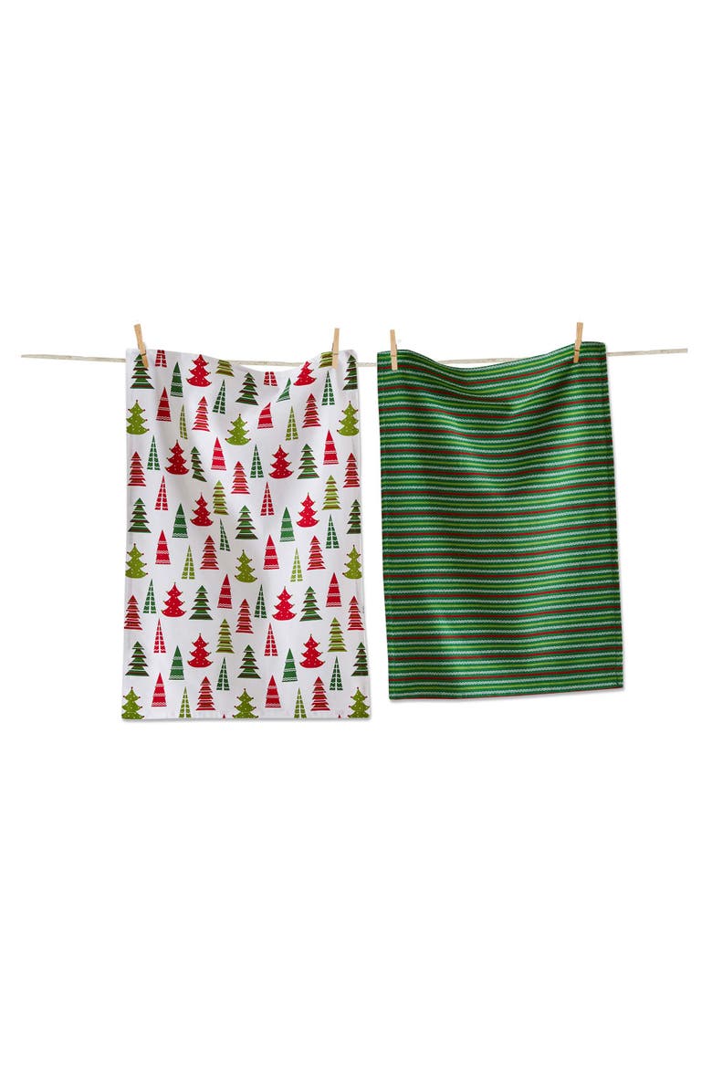 Cheerful Tree Dishtowel Set Green Multi Cotton Kitchen Towels, Main, color, Green