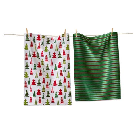 Cheerful Tree Dishtowel Set Green Multi Cotton Kitchen Towels