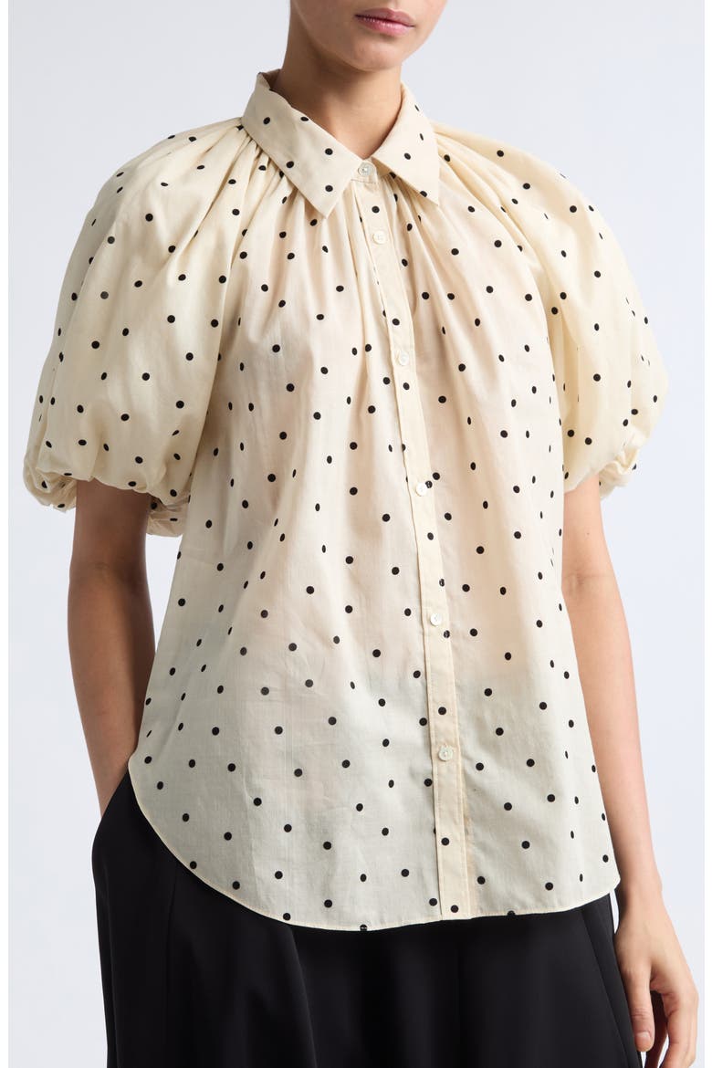 Charlie Flocked Polka Dot Cotton Button-Up Shirt, Alternate, color, BLACK DOTS ON BEIGE