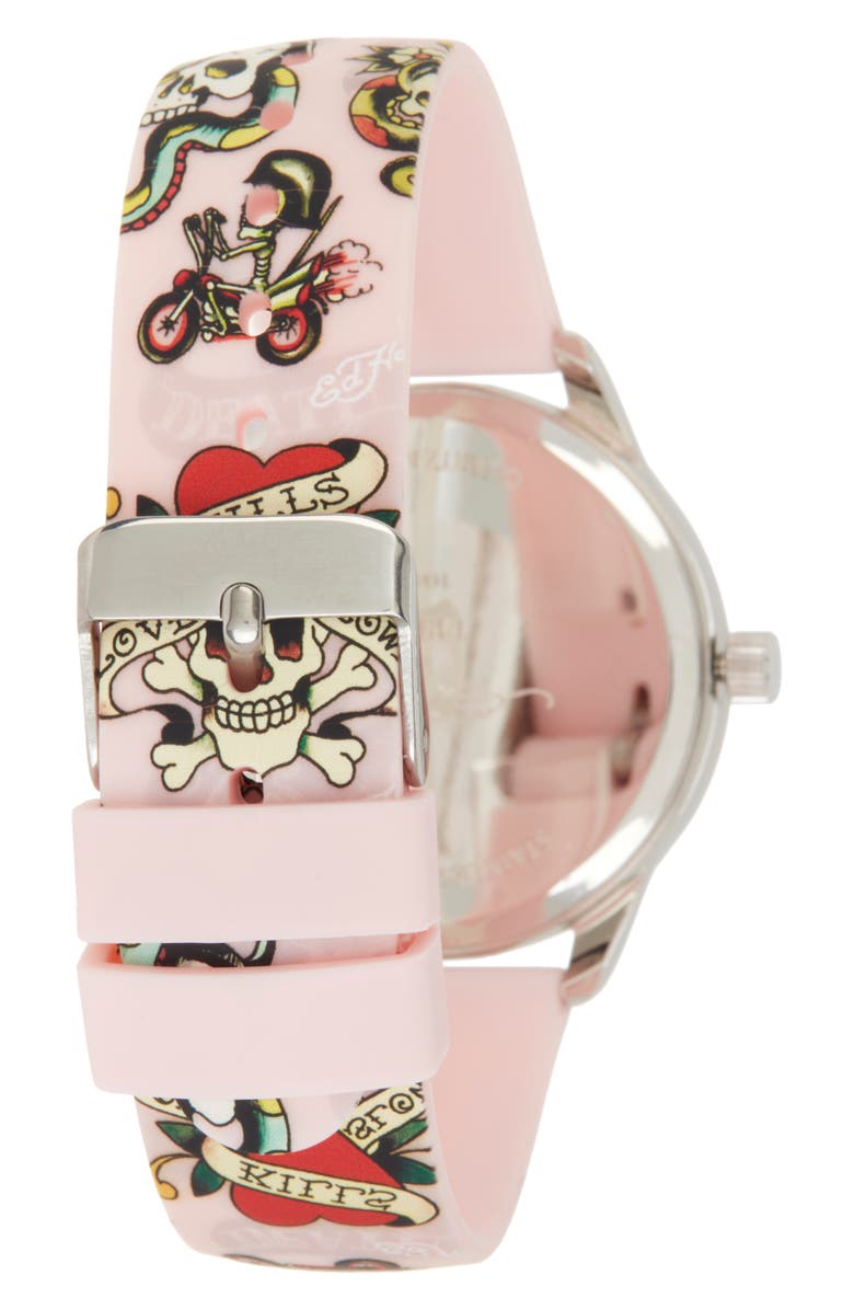 Ed Hardy Crystal Skull Silicone Strap Watch, 38mm x 44mm, Alternate, color, Matte Pink