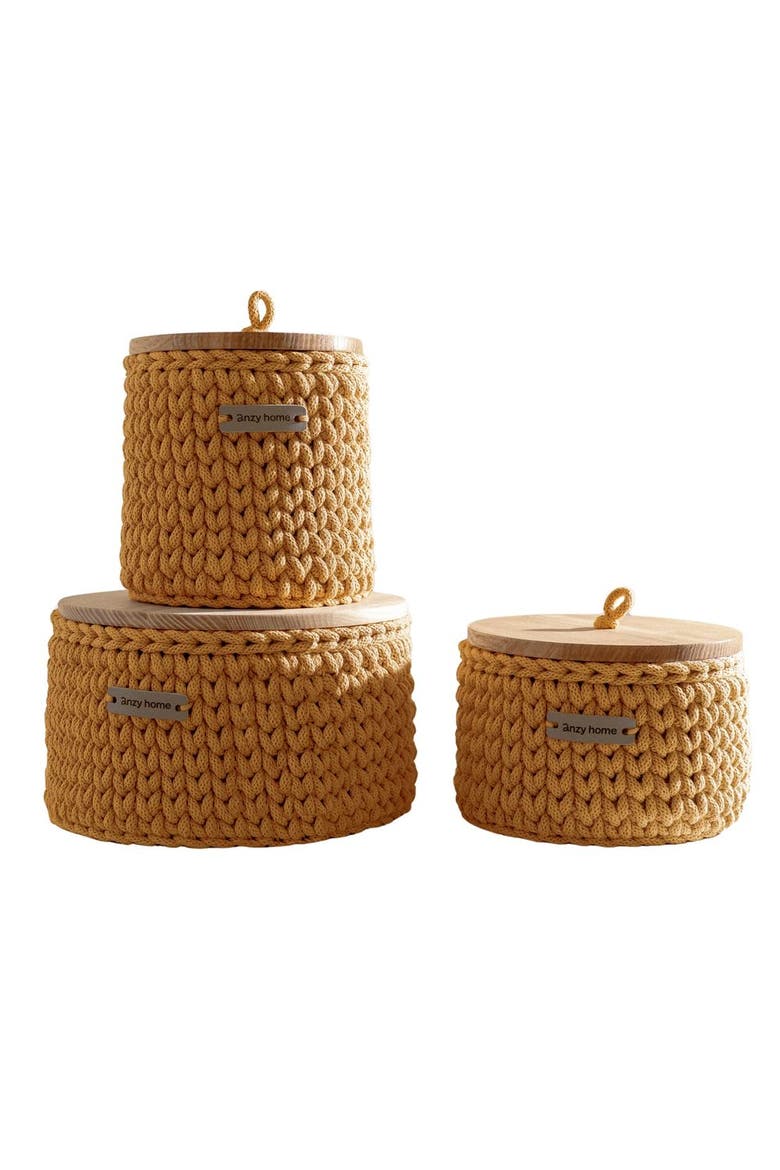 Round Storage Baskets w/ Wooden Lid Recycled - Set of 3, Main, color, Mustard Cord