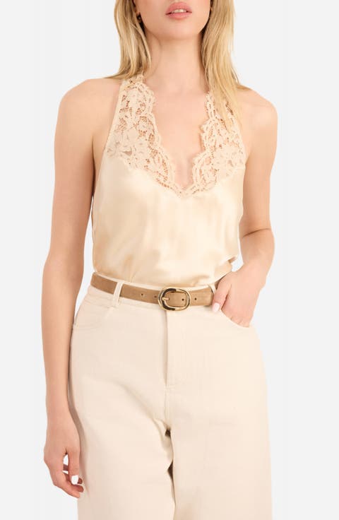 Clarisse Lace Detail Halter Neck Silk Camisole