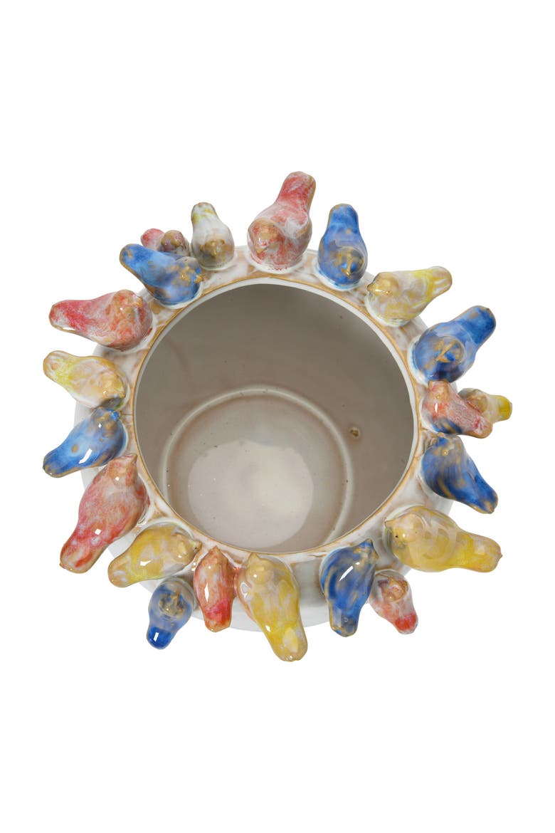 Decorative Stoneware Planter with Birds on Rim and Reactive Glaze, Multicolor, Alternate, color, Cream