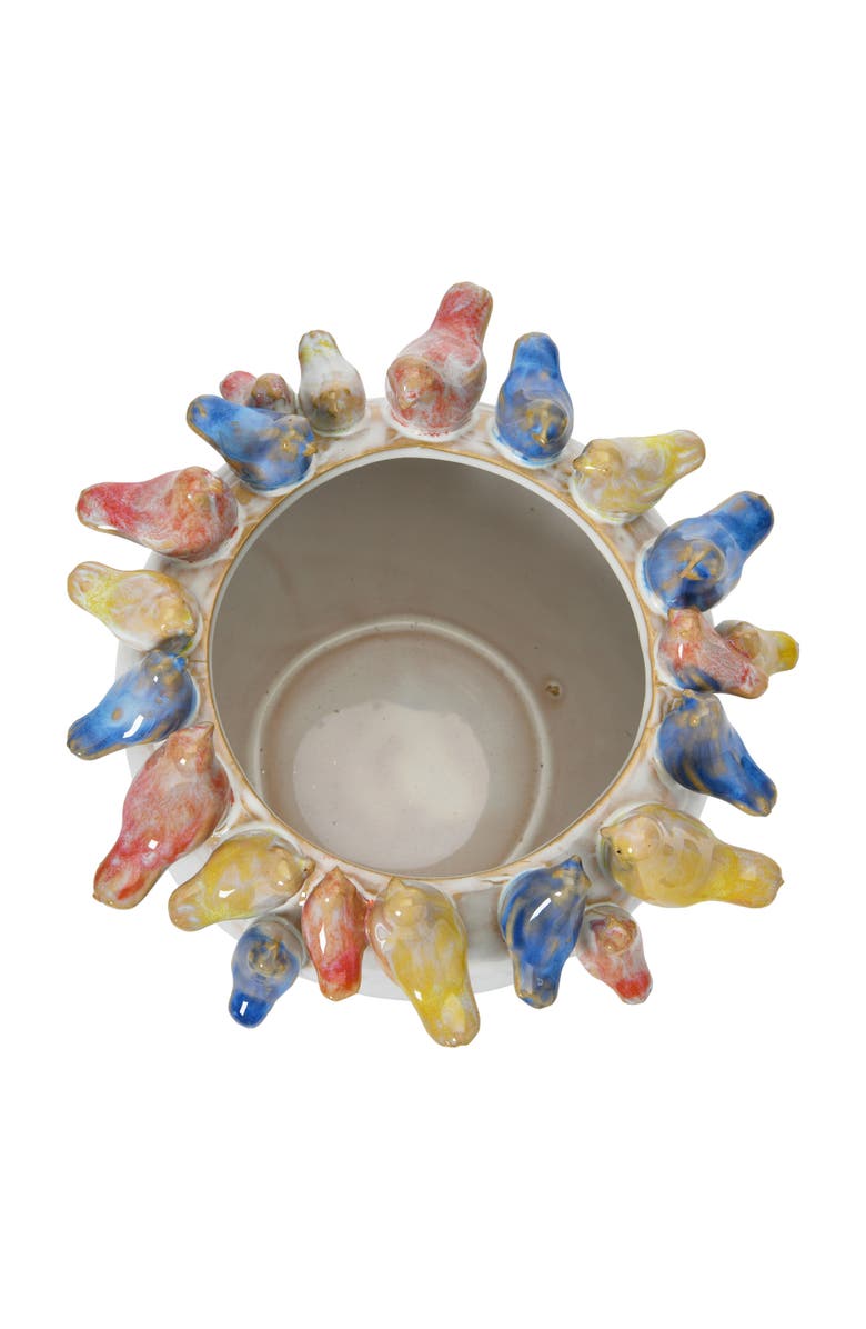 Storied Home Decorative Stoneware Planter with Birds on Rim and Reactive Glaze, Multicolor, Alternate, color, Cream
