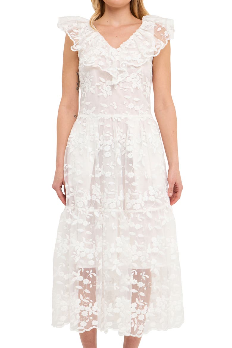 Floral Organza Midi Dress, Main, color, OFF WHITE