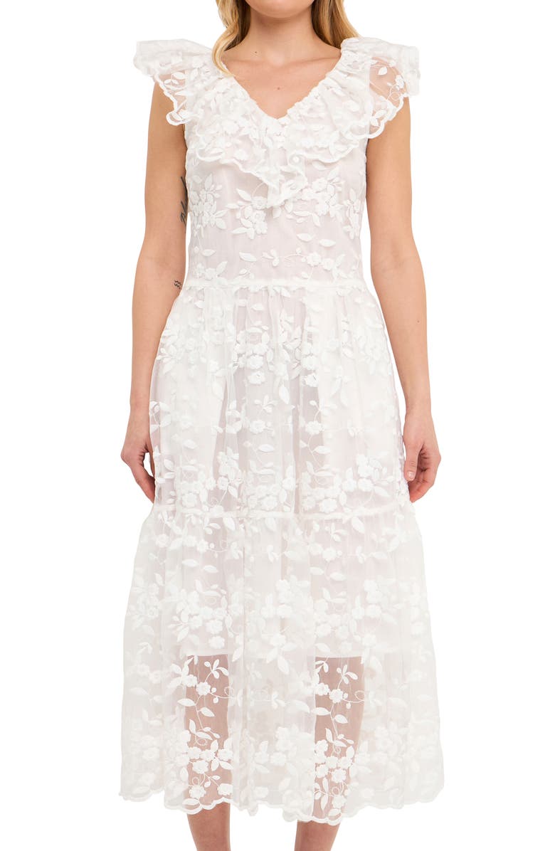 Endless Rose Floral Organza Midi Dress, Main, color, Off White