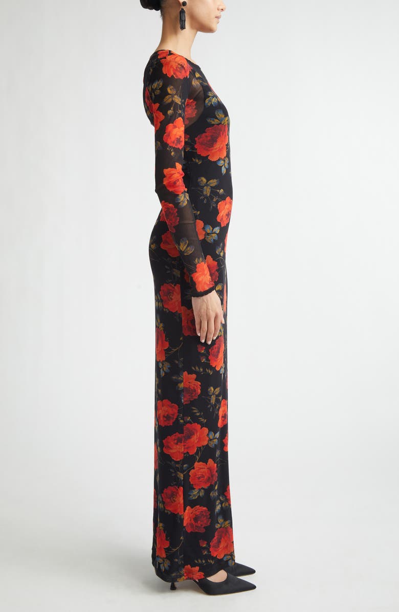 Carolina Herrera Rose Print Long Sleeve Mesh Dress, Alternate, color, Black Multi