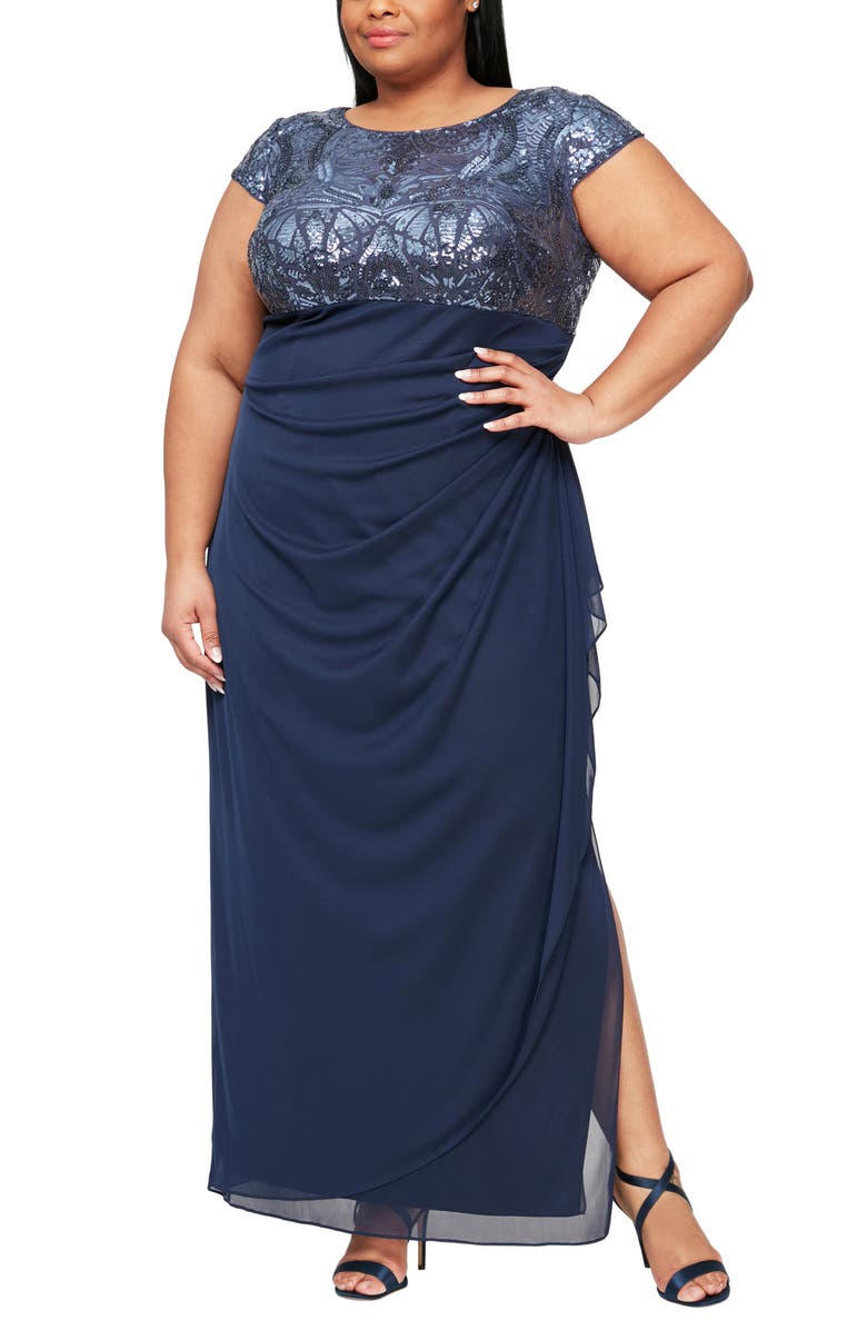 Alex Evenings Sequin Lace & Ruched Chiffon Gown, Main, color, 