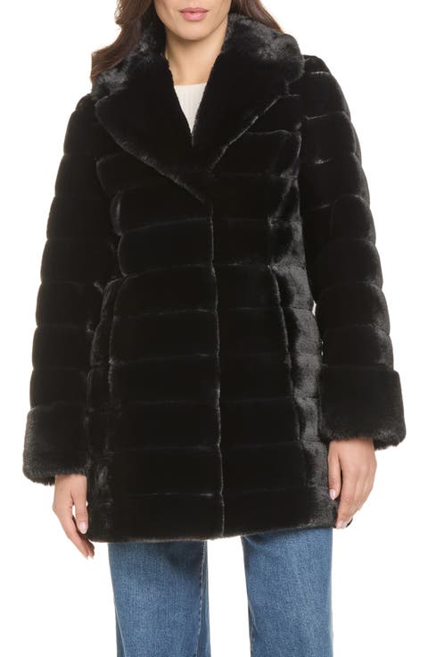 Notch Collar Grooved Faux Fur Coat