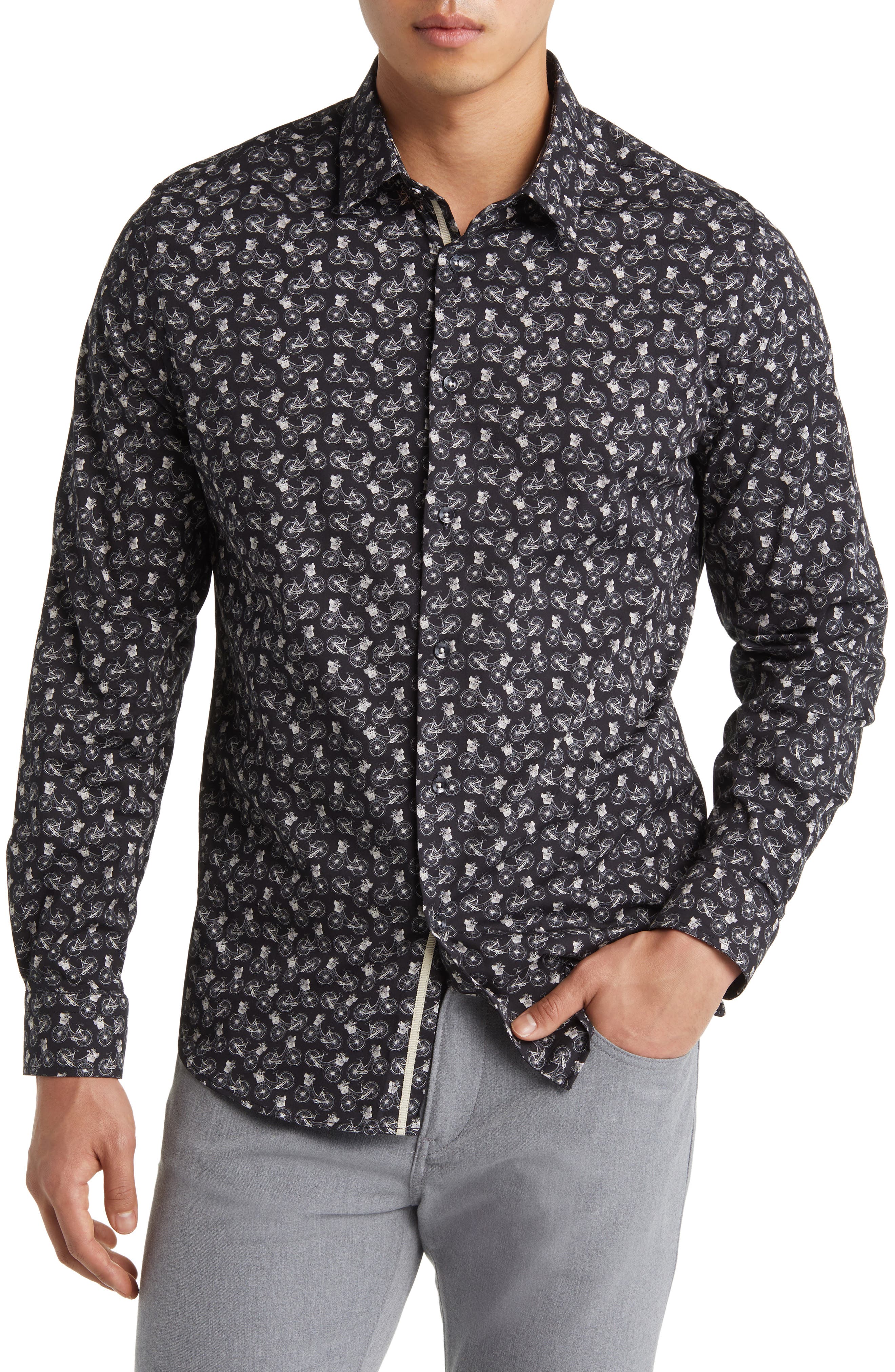 Stone Rose Bicycle Print Stretch Cotton Button-Up Shirt