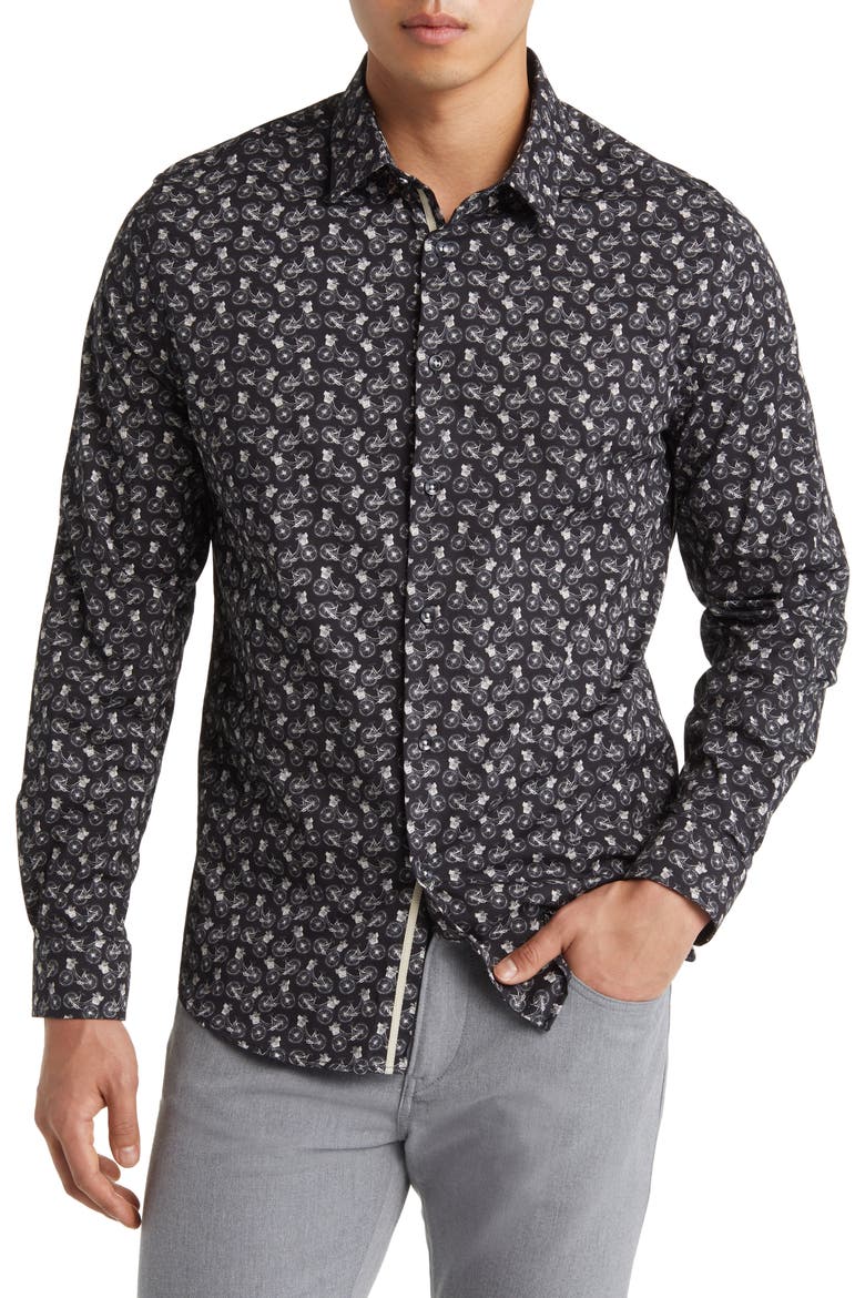 Bicycle Print Stretch Cotton Button-Up Shirt, Main, color, BLACK