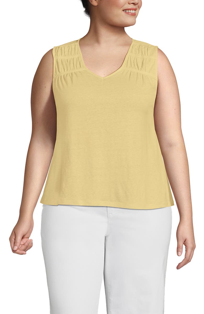 Lands' End Plus Size Linen Blend Smocked Flowy Tank, Main, color, Pale Sunbeam Yellow
