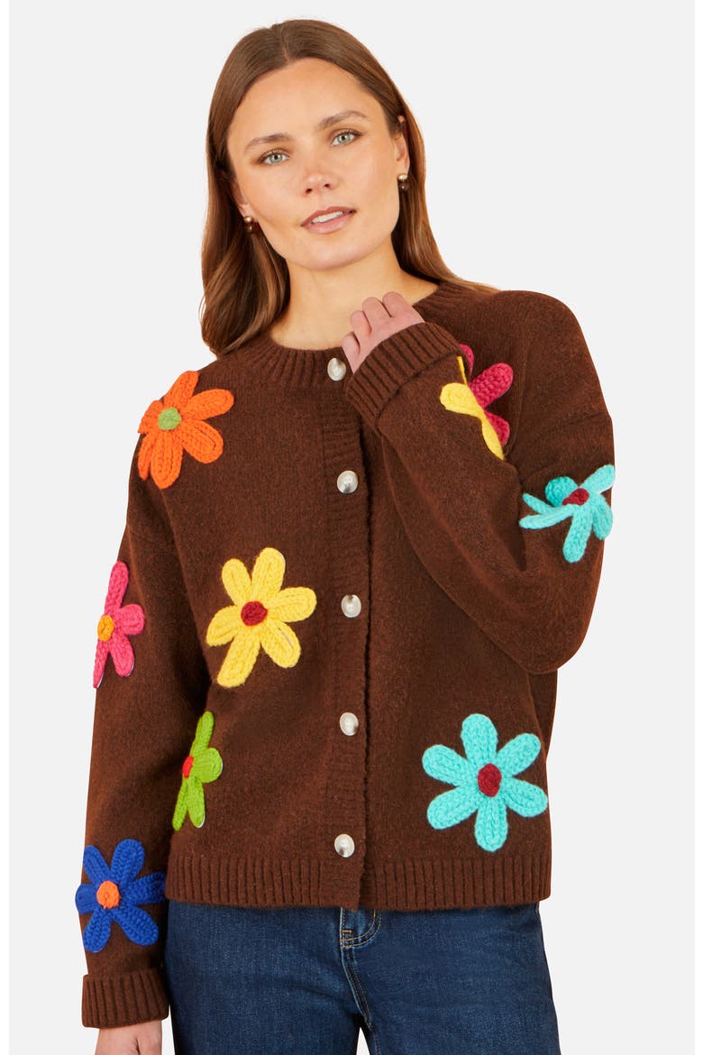 Knitted Flower Applique Cardigan, Alternate, color, Brown