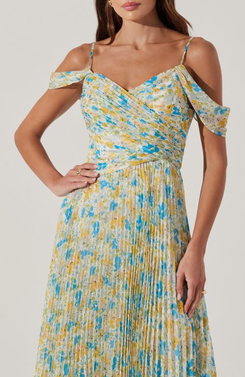 Astr The Label Floral Pleated Cold Shoulder Midi Dress In Blue Yellow Floral