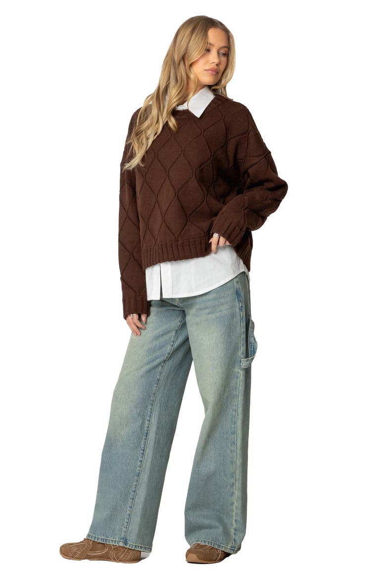 Cass Textured Argyle Oversize Sweater, Alternate, color, BROWN