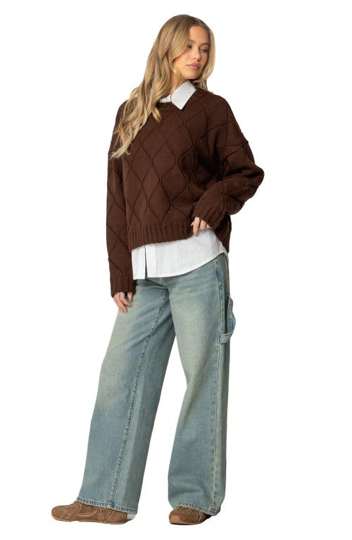 Shop Edikted Cass Textured Argyle Oversize Sweater In Brown