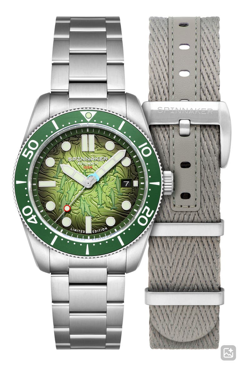 x Dolphin Project Croft Midsize Automatic Dolphin Cave Watch Set, 40mm, Main, color, GREEN