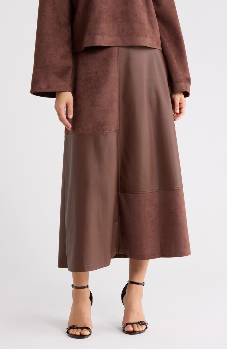 Halogen<sup>®</sup> Faux Leather & Faux Suede Pieced Midi Skirt, Main, color, Chocolate
