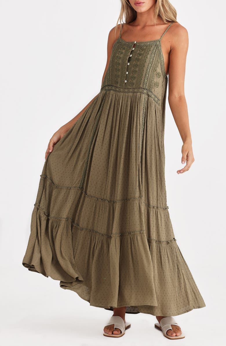 Talisman the Label Embroidered Lace Inset Maxi Dress, Alternate, color, Olive Dobby