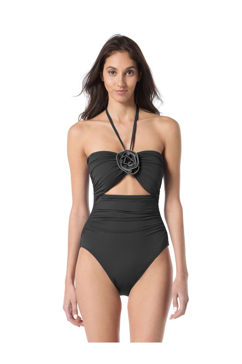 Contrast Rosette Solids Bandeau One Piece Swimsuit, Main, color, Black