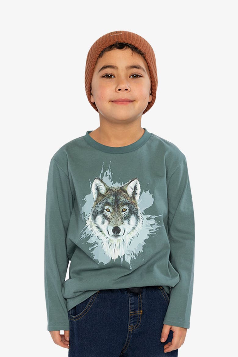 Cotton Crew Neck Wolf Graphic Long Sleeve T-Shirt, Alternate, color, Turquoise