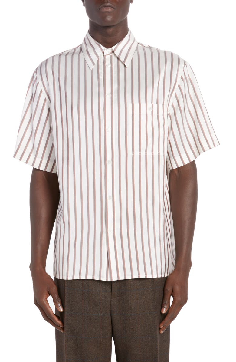 Bottega Veneta Bicolor Stripe Short Sleeve Silk Button-Up Shirt, Main, color, 