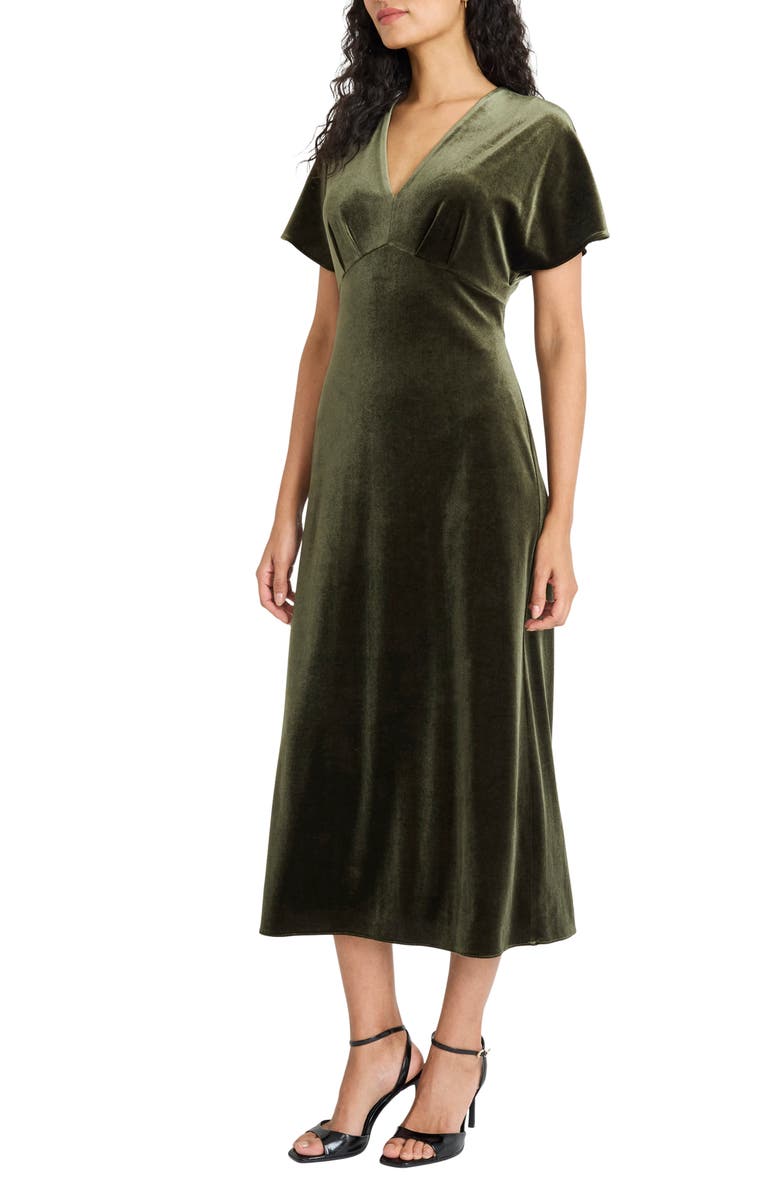 Maggy London Deep V-Neck Velvet Midi Dress, Alternate, color, Rosin