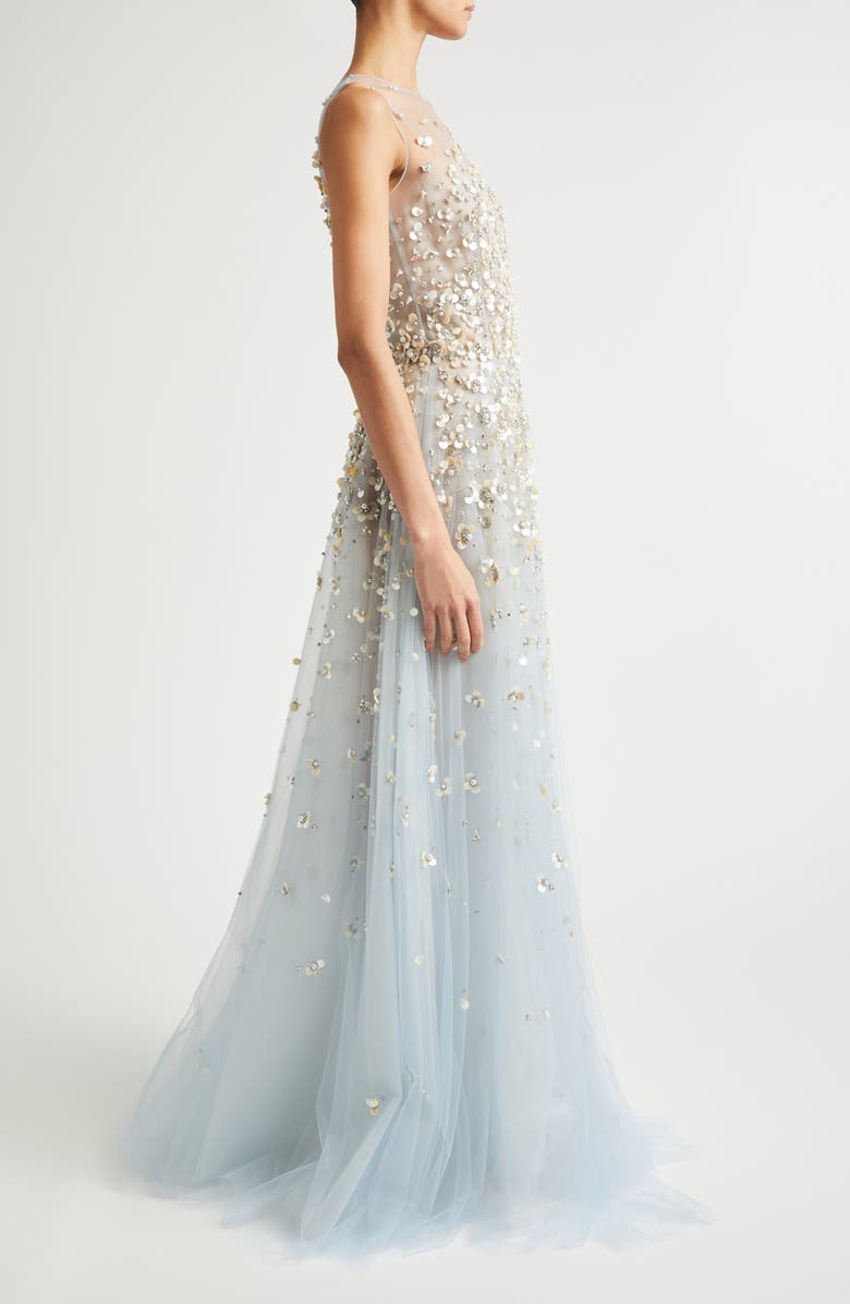 Oscar de la Renta Mother Of Pearl Embroidered Sleeveless Tulle Gown, Alternate, color, Sky
