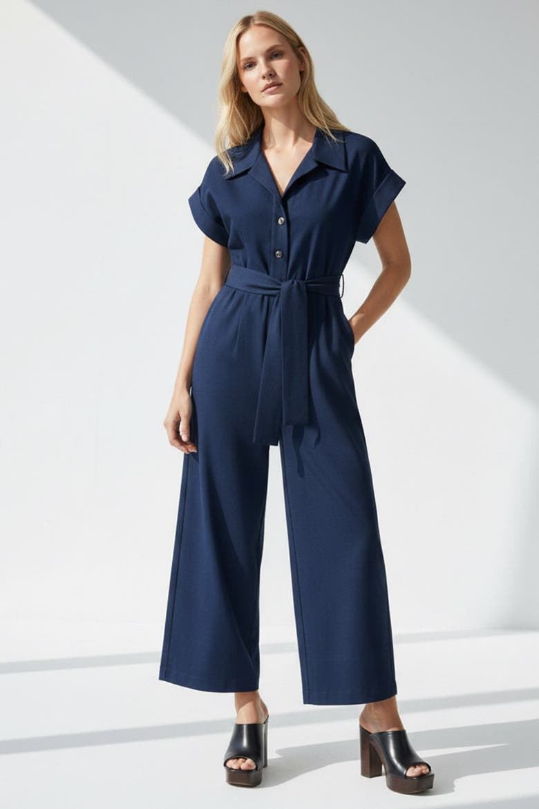 Leatrice Short Sleeve Belted Midi Jumpsuit, Main, color, Navy