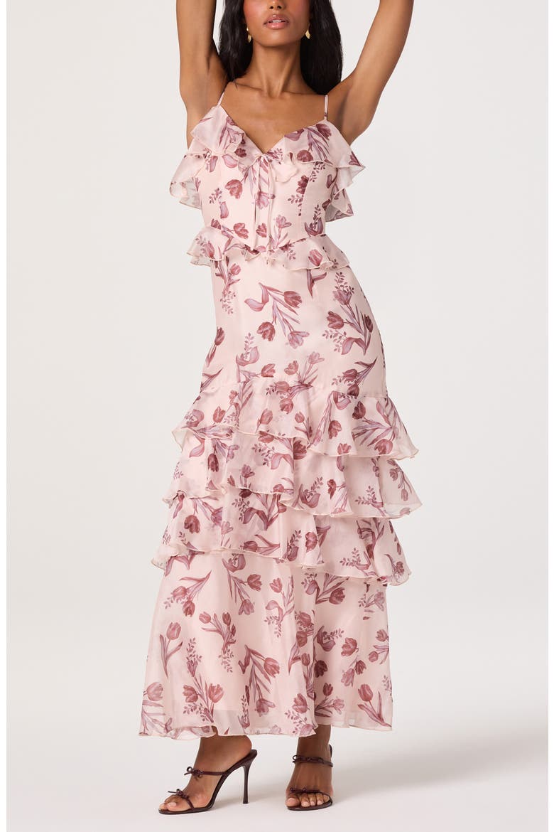 Emiliana Floral Tiered Ruffle Cold Shoulder Maxi Dress, Alternate, color, SOFT PINK FLORAL